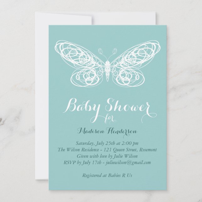 Invitación Baby Shower a la mariposa turquesa (Anverso)