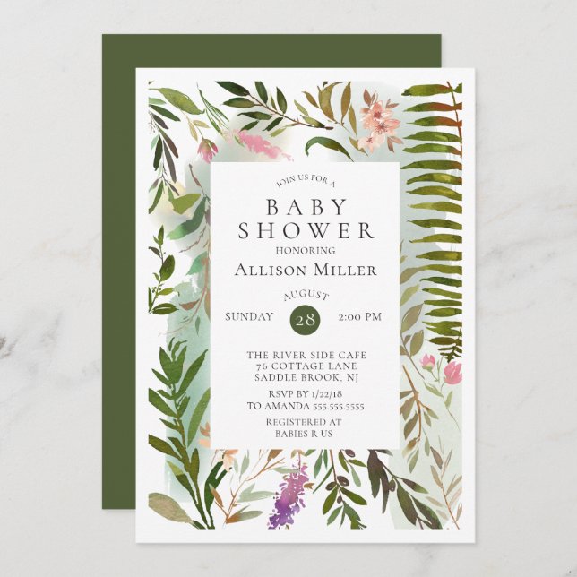Invitación Baby Shower a la moderna vegetación (Anverso / Reverso)