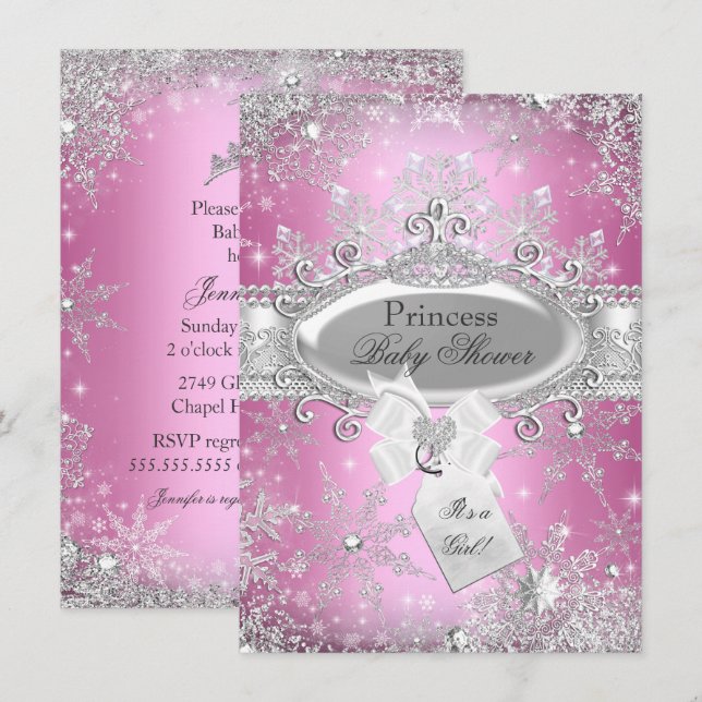 Invitación Baby Shower a la princesa rosa de invie (Anverso / Reverso)