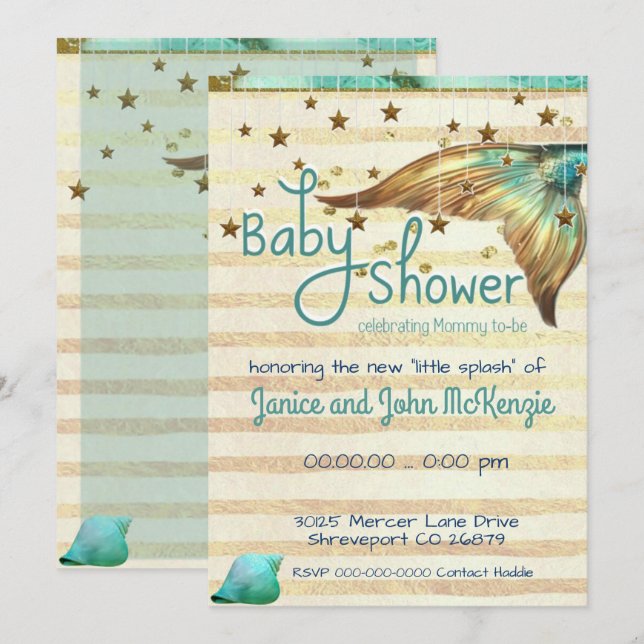 Invitación Baby Shower a la sirena de playa Fantas (Anverso / Reverso)