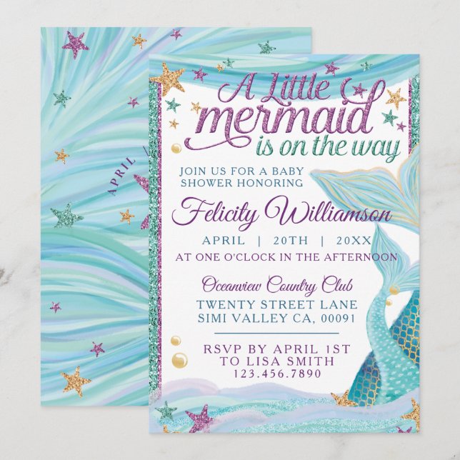 Invitación Baby Shower a la sirena del mar de los  (Anverso / Reverso)