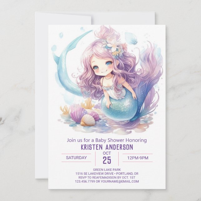 Invitación Baby Shower a la sirena del océano de a (Anverso)