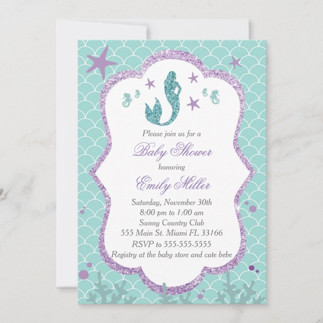 Invitación Baby Shower a la sirena morada Verde az (Anverso)