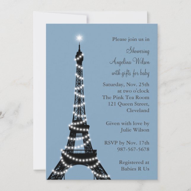 Invitación Baby Shower a la Torre Eiffel (azul) (Anverso)