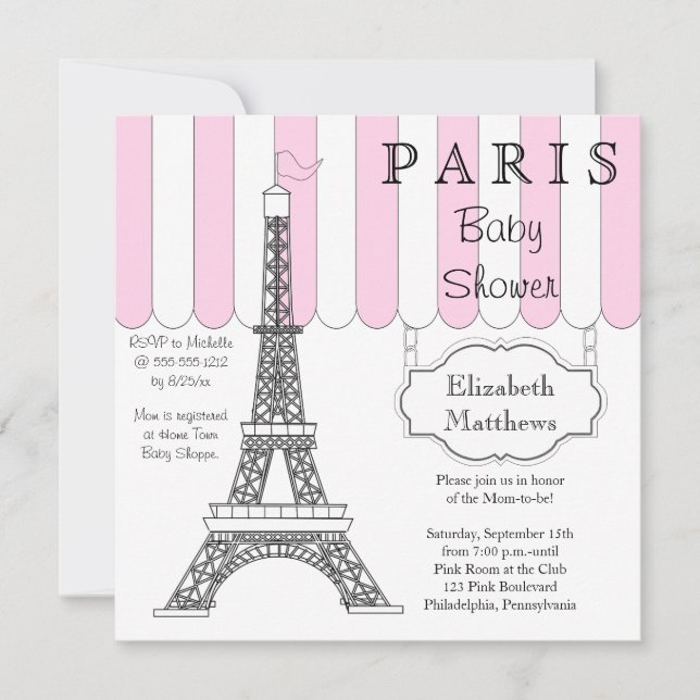 Invitación Baby Shower a la Torre Eiffel Rosa de P (Anverso)