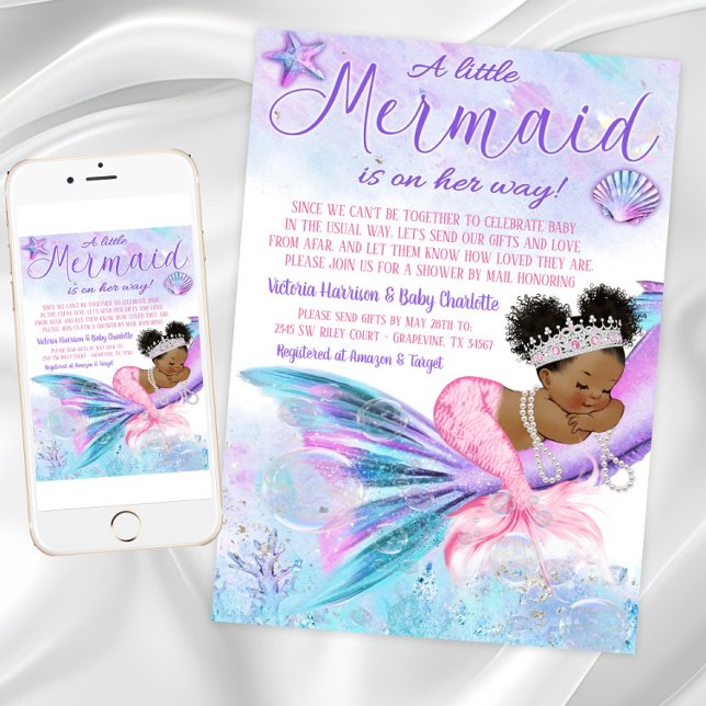 Invitación Baby Shower a larga distancia de la sirena african (Long Distance Baby Shower by Mail Invitation. Instant download and printed invitations available.)