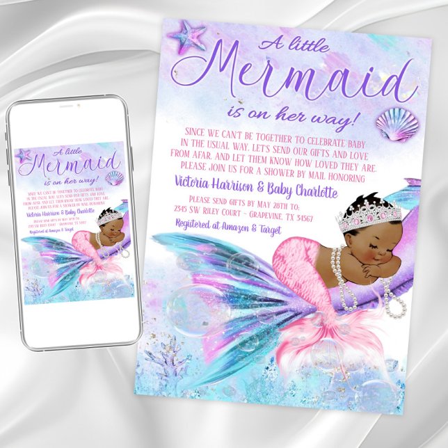 Invitación Baby Shower a larga distancia de la sirena african (Cute mermaid baby shower invitation. Instant download and printed invitations available.)