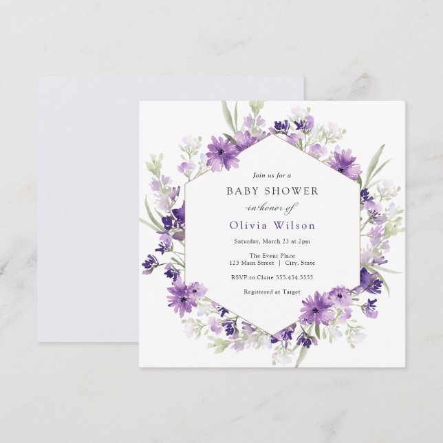 Invitación Baby Shower a las flores de lavanda mor (Anverso / Reverso)