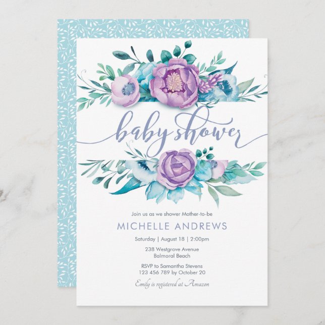 Invitación Baby Shower a las flores moradas (Anverso / Reverso)