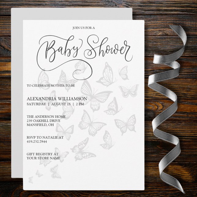Invitación Baby Shower a las mariposas grises mode (Also available with QR code. )
