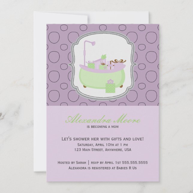 Invitación Baby Shower a Lavanda y Tub Lime (Anverso)