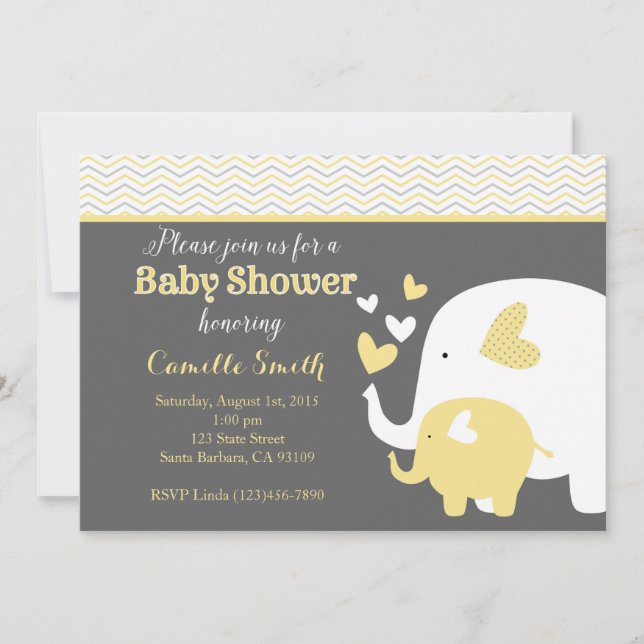 Invitación Baby Shower a los elefantes amarillos y (Anverso)