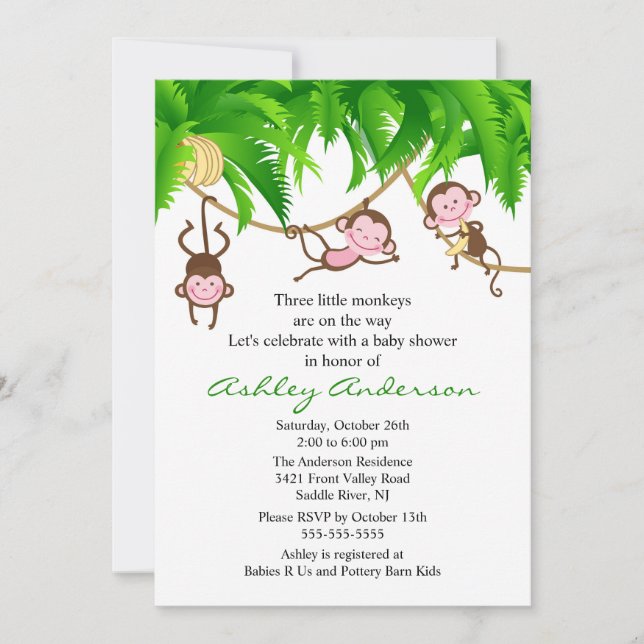 Invitación Baby Shower a los monos triplet Safari (Anverso)