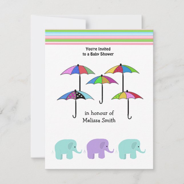 Invitación Baby Shower a los paraguas y elefantes (Anverso)