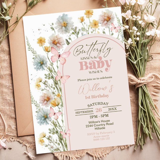 Invitación Baby Shower a mariposa de flores silves (Butterfly Kisses and Baby Wishes Wildflower Butterfly Baby Shower Invitation)