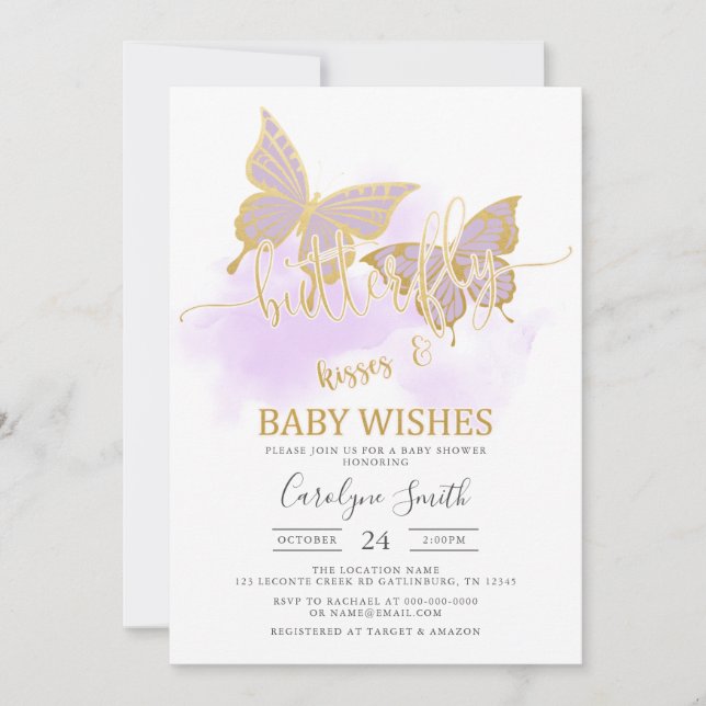 Invitación Baby Shower a mariposa morada (Anverso)