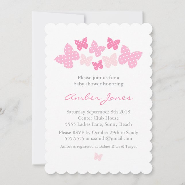 Invitación Baby Shower a mariposa - rosa (Anverso)