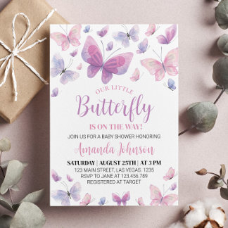 Invitación Baby Shower a mariposa rosa morada