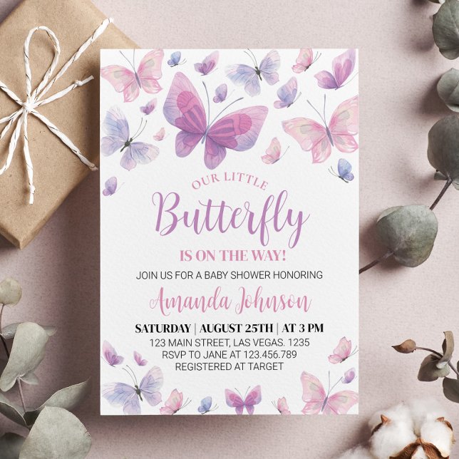 Invitación Baby Shower a mariposa rosa morada (Subido por el creador)
