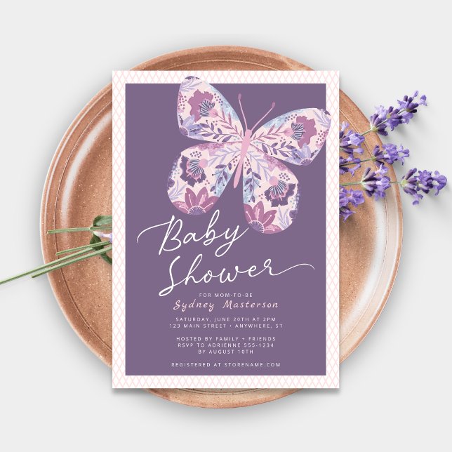 Invitación Baby Shower a mariposa rosa morada (Shown on a 5" x 7" card)