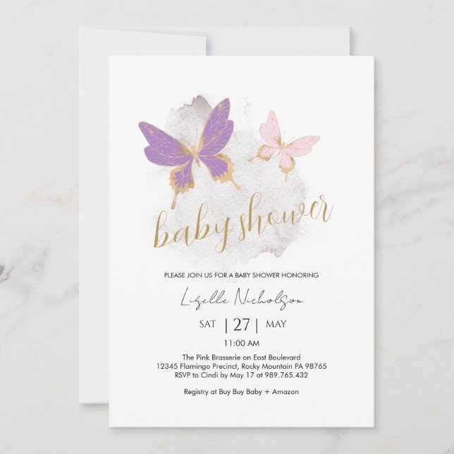 Invitación Baby Shower a mariposa rosa morada (Anverso)