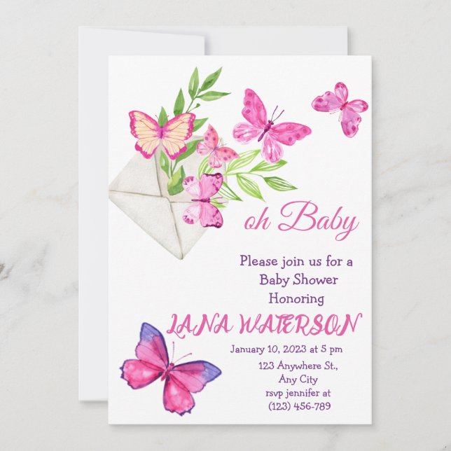 Invitación Baby Shower a mariposa rosa y verde (Anverso)