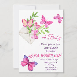 Invitación Baby Shower a mariposa rosa y verde