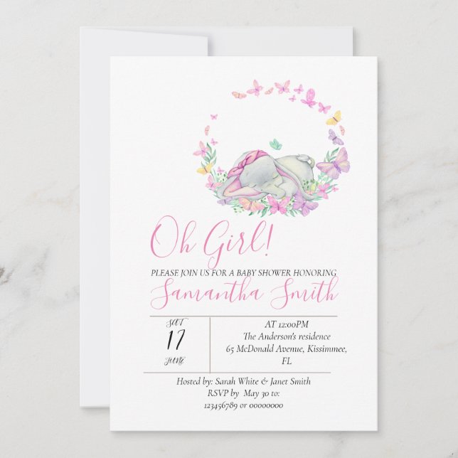 Invitación Baby Shower a mariposas Elephant Pink (Anverso)