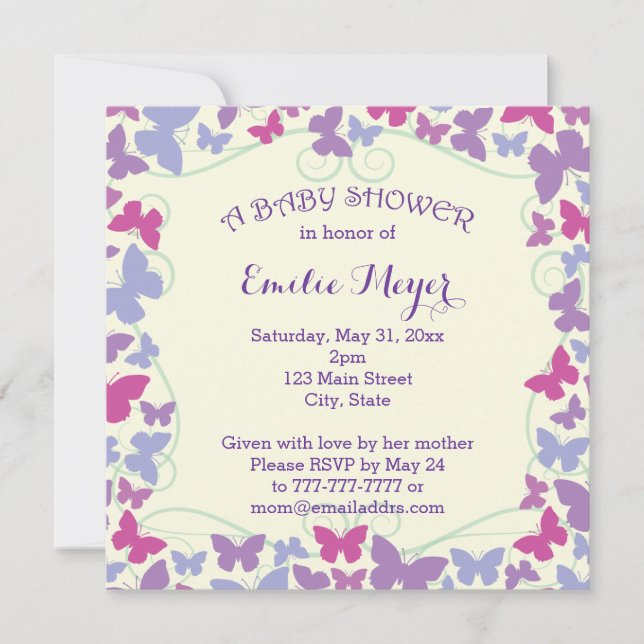 Invitación Baby Shower a mariposas púrpura (Anverso)