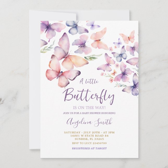 Invitación Baby Shower a mariposas púrpura (Anverso)