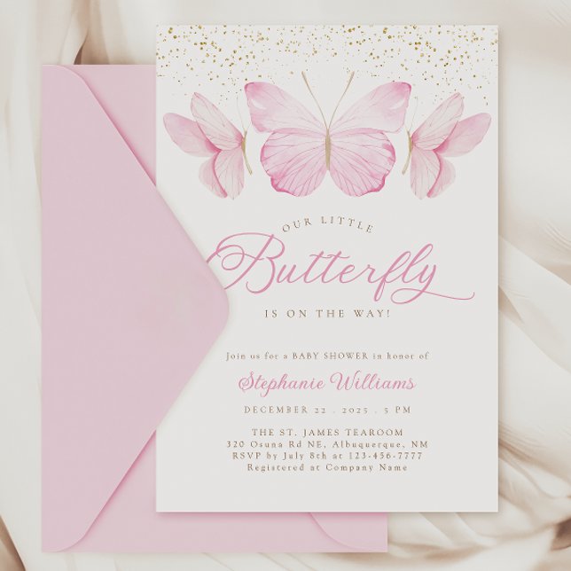 Invitación Baby Shower a mariposas rosadas y dorad (Subido por el creador)