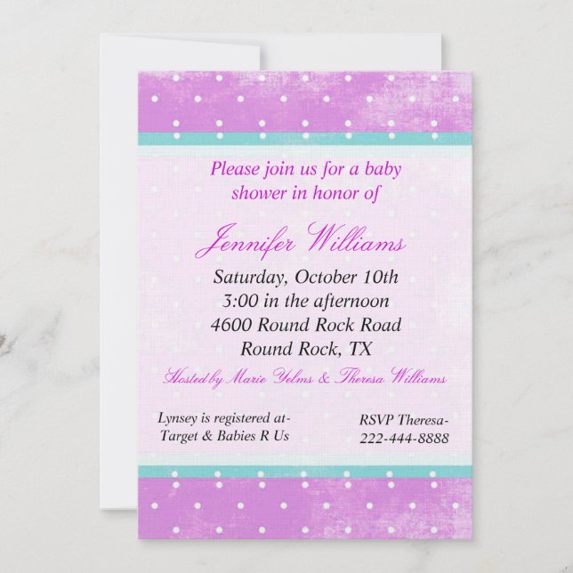 Invitación Baby Shower a morado y Aqua (Anverso)