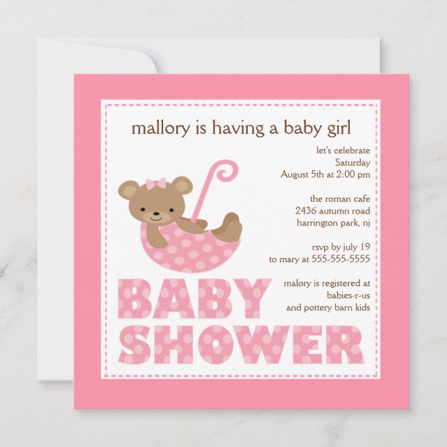 Invitación Baby Shower a Paraguas de oso Adorable (Anverso)