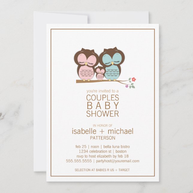 Invitación Baby Shower a Parejas de Lechuza Cuta (Anverso)
