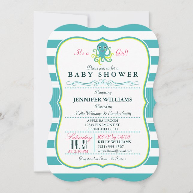 Invitación Baby Shower a pulpo turquesa y amarillo (Anverso)
