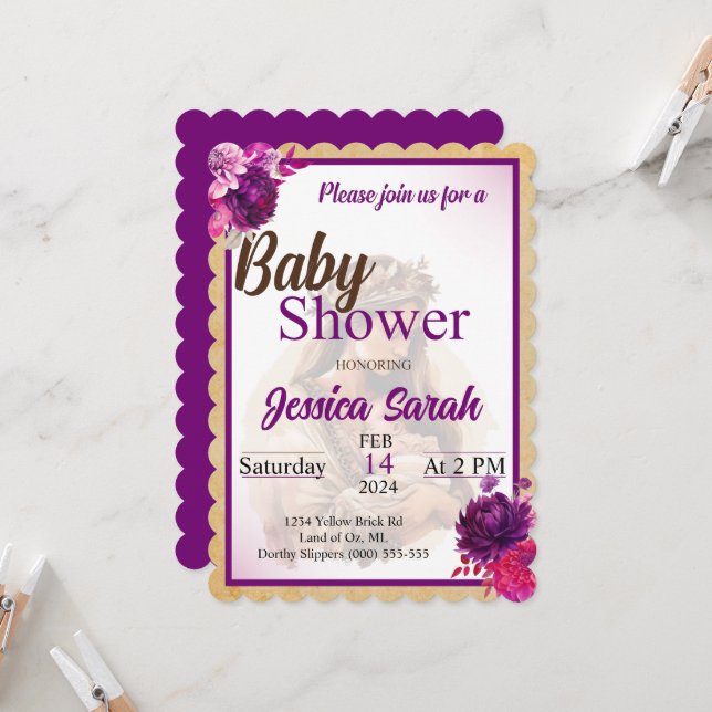 Invitación Baby Shower a Purple Boho (Anverso/Reverso In Situ)
