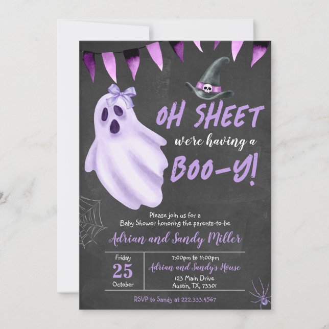 Invitación Baby Shower a Purple Ghost Halloween (Anverso)