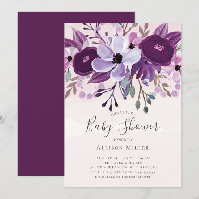 Invitación Baby Shower a Purple Wildflowers (Anverso / Reverso)