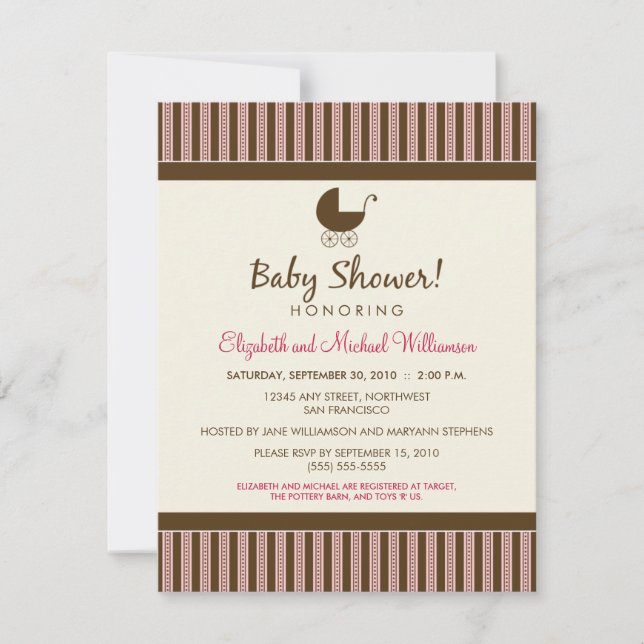 Invitación Baby Shower a rayas de moda (rosa/marró (Anverso)