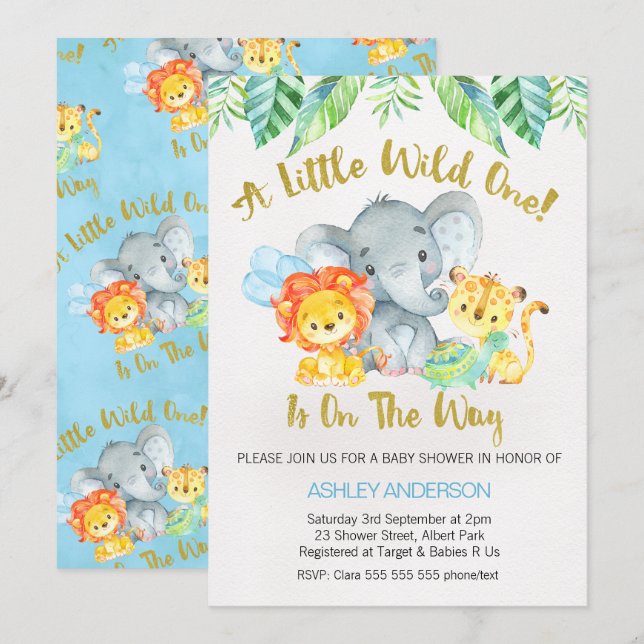 Invitación Baby Shower a Safari Wild One Watercolo (Anverso / Reverso)
