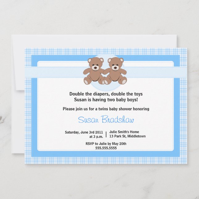 Invitación Baby Shower a Teddy Bear - Chicos gemel (Anverso)