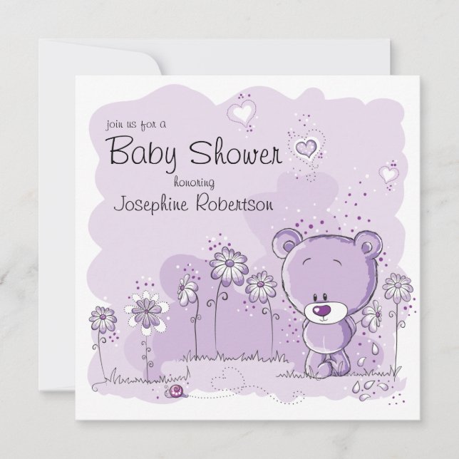 Invitación Baby Shower a Teddy Bear - Púrpura (Anverso)
