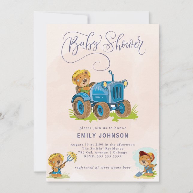 Invitación Baby Shower a Teddy Bear Tractor (Anverso)