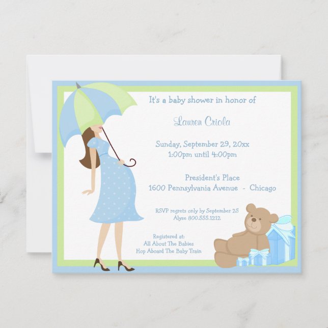 Invitación Baby Shower A Teddy Bear Y Blue Gift (Anverso)