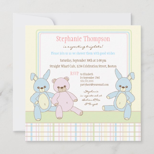 Invitación Baby Shower a Teddy & Bunny Triplets (Anverso)