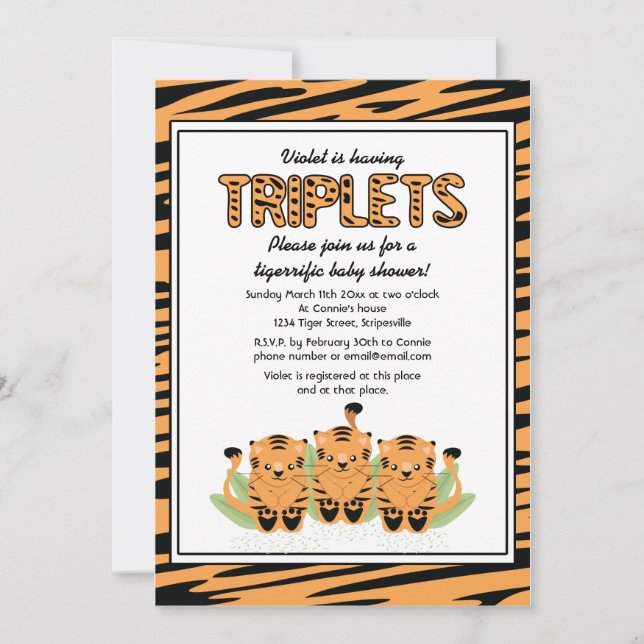 Invitación Baby Shower a trillizos de tigre neutro (Anverso)