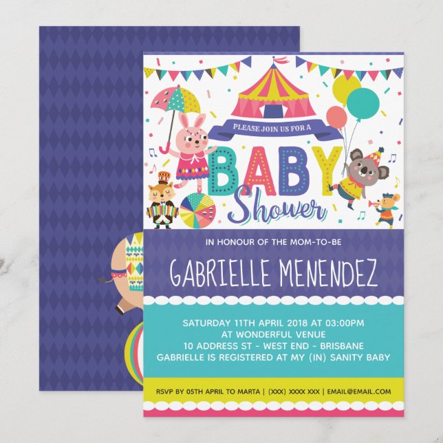 Invitación Baby Shower a un circo neutro de género (Anverso / Reverso)