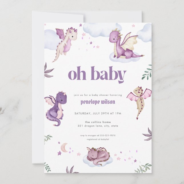 Invitación Baby Shower a un dragón mítico morado (Anverso)