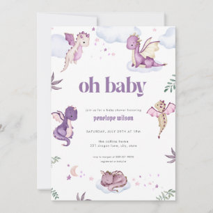 Invitación Baby Shower a un dragón mítico morado