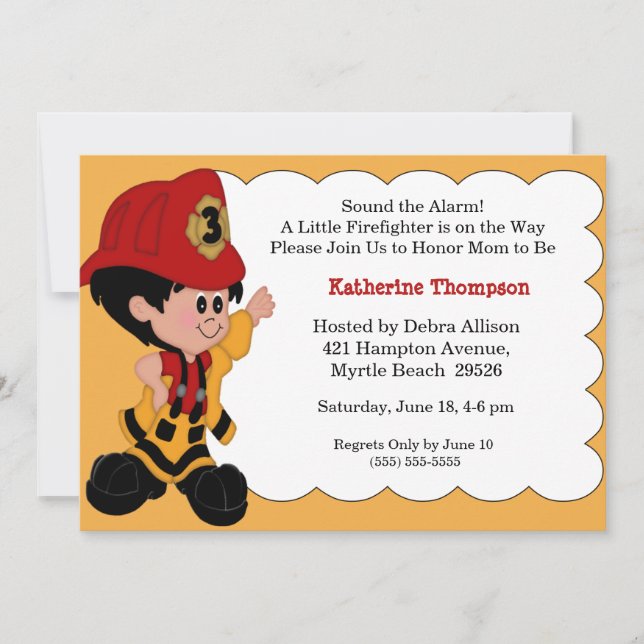 Invitación Baby Shower a un pequeño bombero (Anverso)